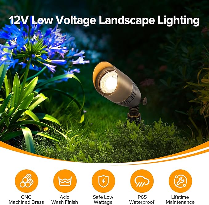 LUTEC Solid Brass Low Voltage Landscape Lighting 12V Heavy Duty Waterproof Landscape Spotlights Bronze Wired Uplights Outdoor Fixtureswith ABS Spike Garden Yard Pathway Tree Without Bulb 6 Pack