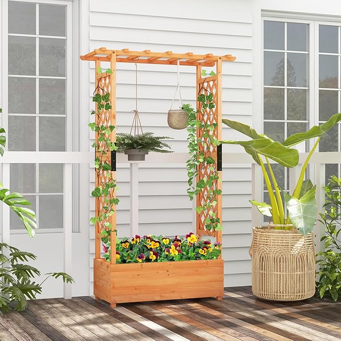 Moccha Raised Garden Bed with Trellis Set of 2 Wood Garden Planter with Hanging Roof Drainage Holes Freestanding Elevated Planter Box for Climbing Plants Vines Flowers 43.5 x 17.5 x 72