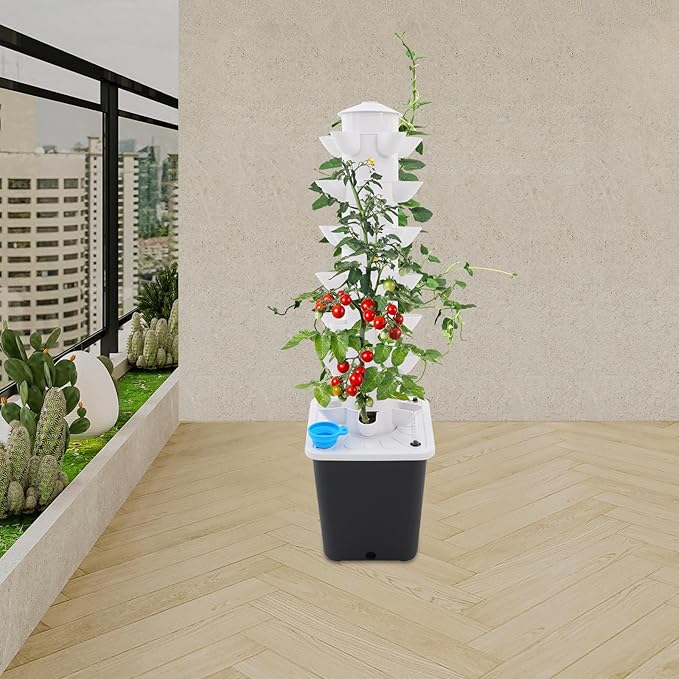 Hydroponic Growing Tower - 7-Tier Vertical Indoor Garden with 35 Planting Holes Automatic Water Circulation &amp Brushless Pump for Vegetables Fruits Herbs (Gray)