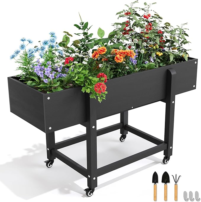 LUE BONA Raised Garden Bed with Wheels 48 * 16.7 * 28 in Poly Elevated Outdoor Planter Box with Tools Weather Resistant Standing Growing Bed Herb Planter for Vegetable Flowers Fruits