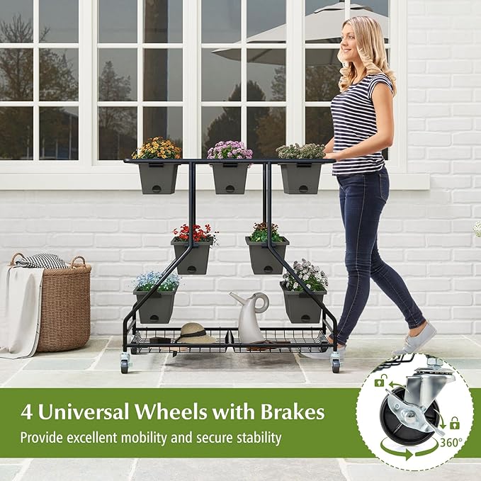 Happygrill 3-Tier Vertical Raised Garden Bed Outdoor Garden Planter w/7 Planter Boxes Drainage Holes 4 Universal Casters Movable Elevated Planter Box w/Storage Shelf Perfect for Flowers Herbs