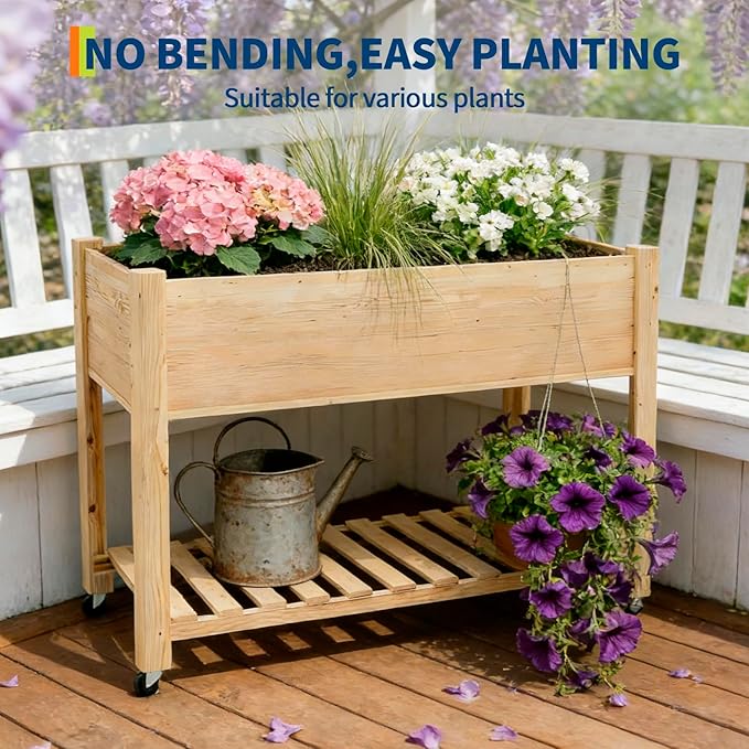 PioneerWorks 32 Tall Raised Garden Bed Elevated Wooden Horticulture Planter Box with Wheels &amp Shelf for Mobility Waterproof Liner Included 220 lbs Capacity for Outdoor/Indoor Use(Natural)
