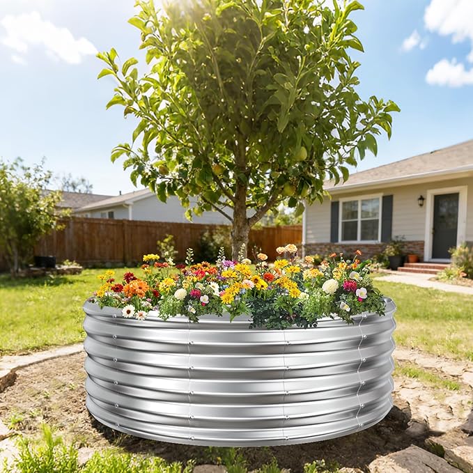 17 Tall Round Outdoor Garden Raised Garden Bed Kits-0.8MM Thick Metal Raised Planter Bed/Ground Planter Box for Variety of FlowersHerbsVegetablesTrees (Silver 48 Dia X 16.5inches)