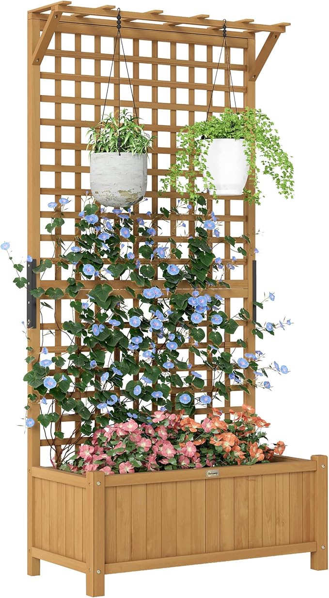 Outsunny Wood Planter with Trellis Raised Garden Bed for Climbing Plants w/Drainage Holes and Roof 35.5 x 17.75 x 72 Yellow