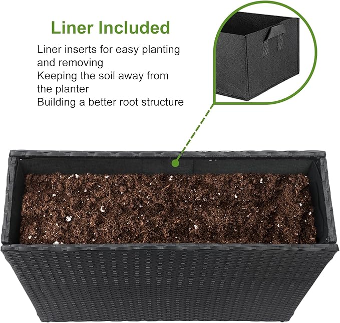 LEWIS&ampWAYNE Tall Planters for Outdoor Plants Handmade Wicker Large Rectangular Block Planter Box with Removable Liners Modern Planter for Indoor Outdoor Patio Deck - Black