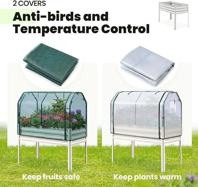 KING BIRD Raised Garden Bed with Cover &amp Netting Galvanized Elevated Large Planter Box with Legs for Backyard Patio Balcony 400lb Capacity Beige 48×24×56 in