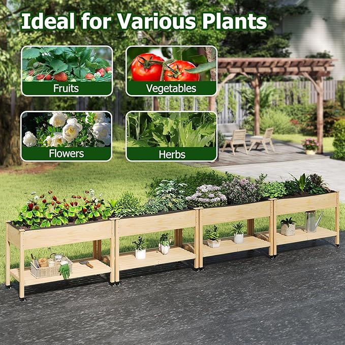 Giantex Mobile Raised Garden Beds Set of 2 Wood Planter Box with Wheels Storage Shelf &amp Liner 47”x23”x33” Rolling Raised Bed for Indoor Outdoor Plants Vegetables Flower Herbs Fruit Gardening