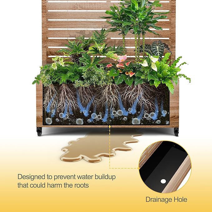 Raised Garden Bed with Trellis and Wheels73x47x16 Metal Raised Garden BedWood Finish Metal Planter with Climbing Trellis for Vines &amp Vegetables