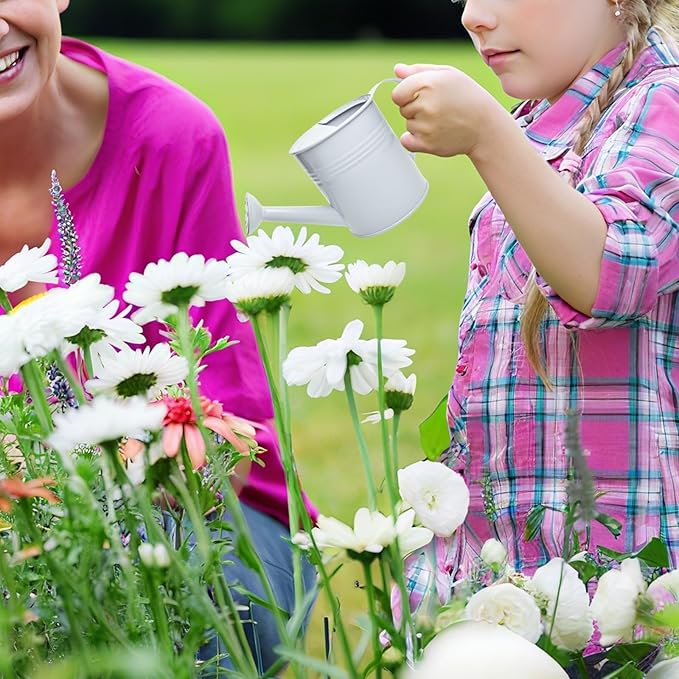 Small Metal Watering Can Set Pink 1.2L and 0.23L Garden Cans with Long Spout Indoor Outdoor Plant Care (White)