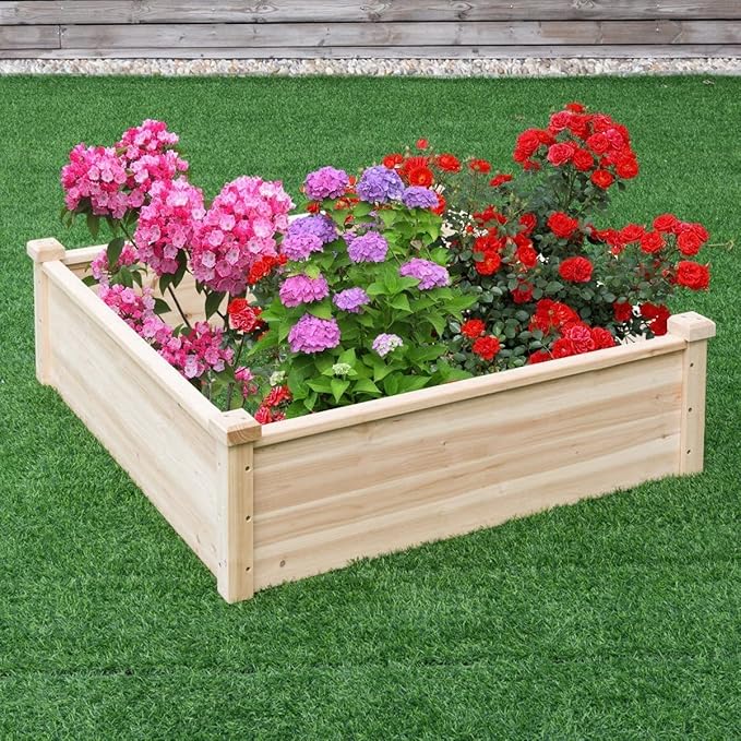 GRAFFY Rectangular Raised Garden Bed Wood Planter for Vegetable Flower 40''Lx40''Wx12''H Natural