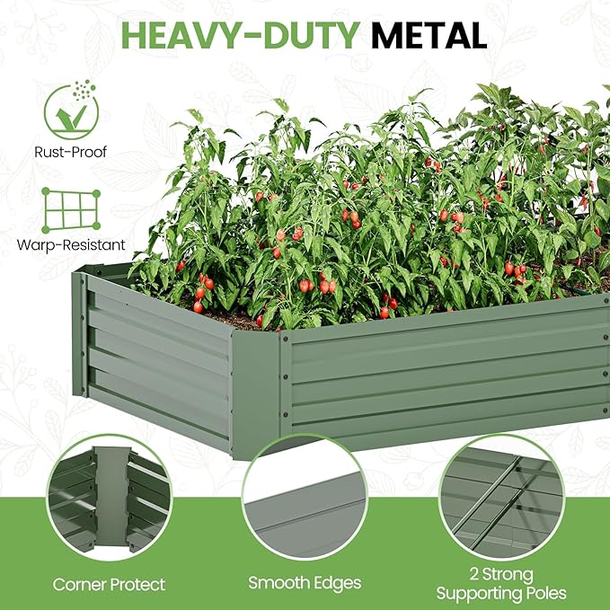 SPECILITE Raised Garden Bed with Mini Greenhouse Galvanized Metal Planter Box Kit with PE Cover 2 Roll-Up Doors for Ventilation Gardening Set for Outdoor Growing Vegetables Herbs Fruit &amp Flow