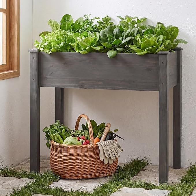 DUMOS Raised Garden Bed with Legs 34x18x30 Inch Planter Box Outdoor with Liner for Herbs Flowers Vegetables Elevated Wooden Garden Bed for Patio Balcony and Backyard Dark Grey