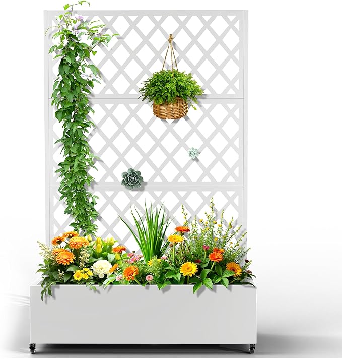Metal Planter Trellis Box with Wheels &amp Drain Plug Outdoor Raised Garden Bed Patio Privacy Screen with Planter for Climbing Plants Vegetables 73x47x16 White-Diamond