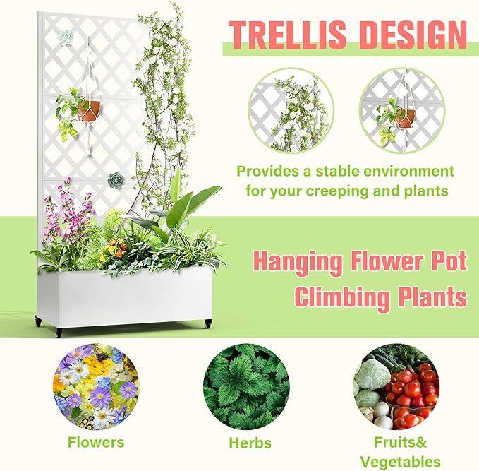 Metal Planter Box with Trellis Raised Garder Bed with Drainage Hole Privacy Screen &amp Trellis for Climbing Plants Outdoor Plant Stands 35''L×17''W×73''H White