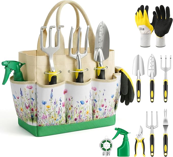 Gardening Tools 10-Piece Heavy Duty Garden Tool Set with Fashion and Durable Garden Tools Organizer Handbag Rust-Proof Gardening Hand Tools Weeding Kit Ideal Gardening Gifts for Women