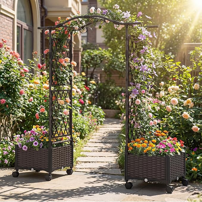 HAPPYGRILL Raised Garden Bed with Trellis Tall Self-Watering Planter Box on Lockable Wheels w/Roof Weatherproof Rattan Garden Bed Outdoor for Climbing Vine Flower (41” x 16” x 58”)