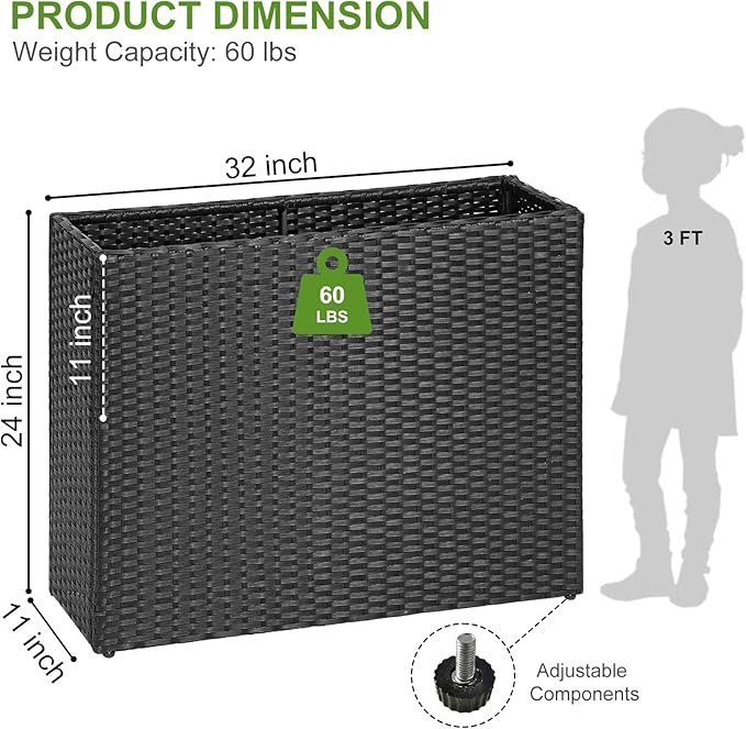 LEWIS&ampWAYNE Tall Planters for Outdoor Plants Handmade Wicker Large Rectangular Block Planter Box with Removable Liners Modern Planter for Indoor Outdoor Patio Deck - Black