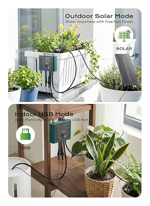 Solar Drip Irrigation System with USB Charging Indoor Outdoor Plant Watering Devices for 15 Potted Plants Automatic Watering System IP44 Waterproof 2200mAh for Garden Farm Greenhouse(Green)