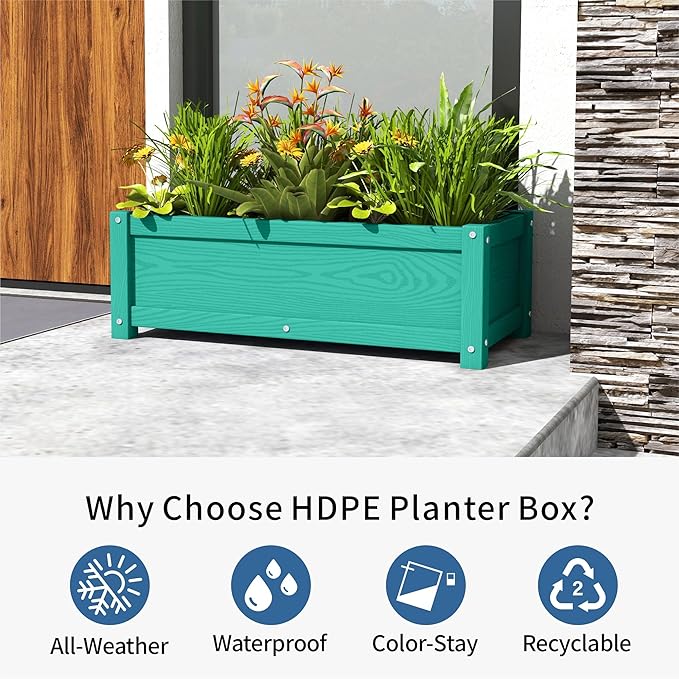 HDPE Planter Box All-Weather Outdoor Garden Bed Easy to Assemble Drainage System Low Maintenance Non-Fading for Flower/Herb/Seed (Aruba Blue)