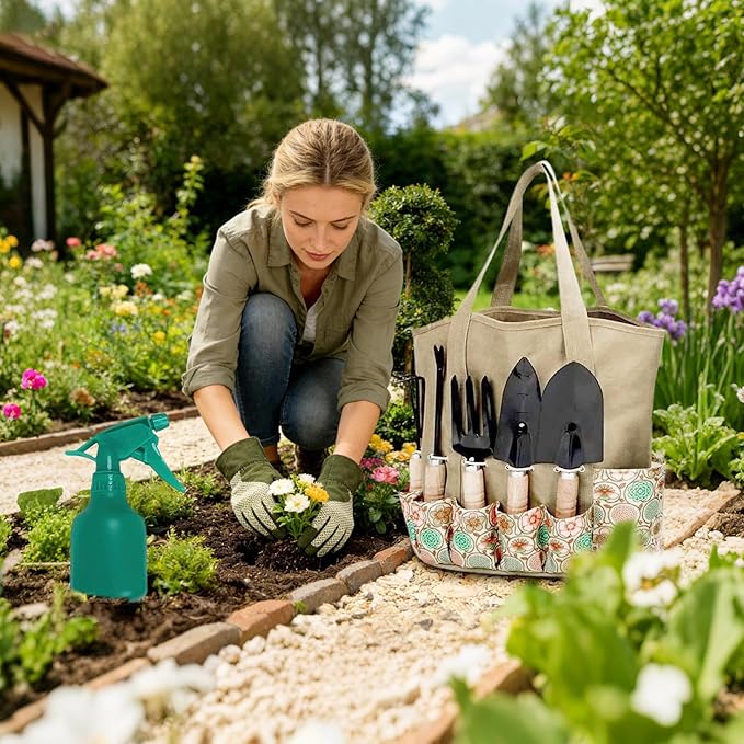 8 Pieces Gardening Tools Set Stainless Steel Garden Hand Tool Kit with Storage Tote Bag Watering Can and Gloves Portable Heavy Duty Garden Hand Utensil for Women Men