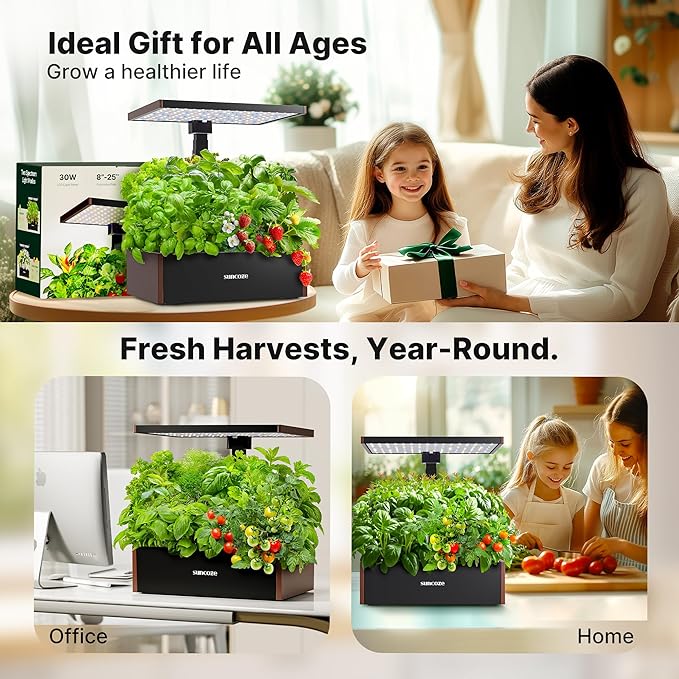 SUNCOZE 20 Pods Hydroponics Growing System Kit Indoor Herb Garden with 30W LED Grow Light 10L Large Water Tank Up to 25 Height Plants Germination Kit with Quiet Pump Black
