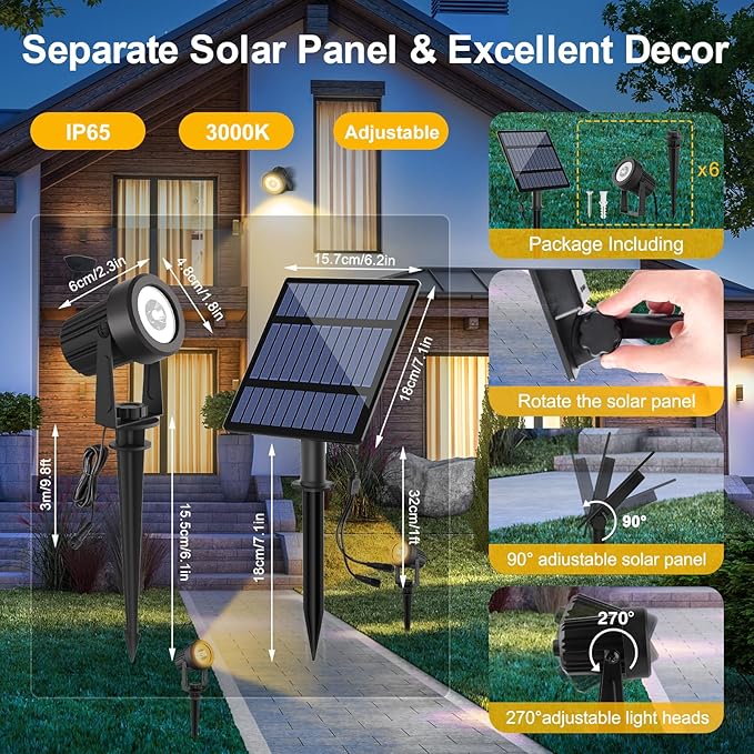 T-SUNUS Solar Landscape Spotlights Warm White 3000K Garden Spot Light IP65 Waterproof 9.8ft Cable 2000mAh Separated Solar Panel Auto On/Off for Garden Driveway Pathway Pool Area