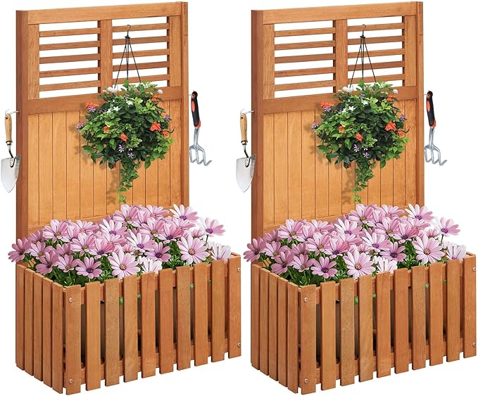 Giantex Set of 2 Raised Garden Bed with Trellis 41” Wooden Potted Plant Box w/Privacy Screen Trellis for Plant Flower Climbing Pot Hanging Indoor &amp Outdoor Planter Box for Yard Garden Balcony