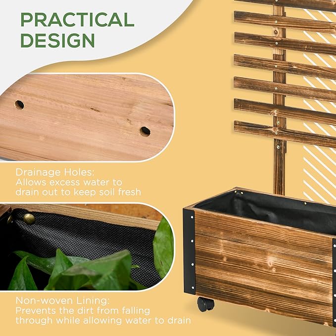 Raised Garden Bed with Trellis 58 Outdoor Wooden Planter Box with Wheels for Vine Plants Flowers Climbing and Planting Brown