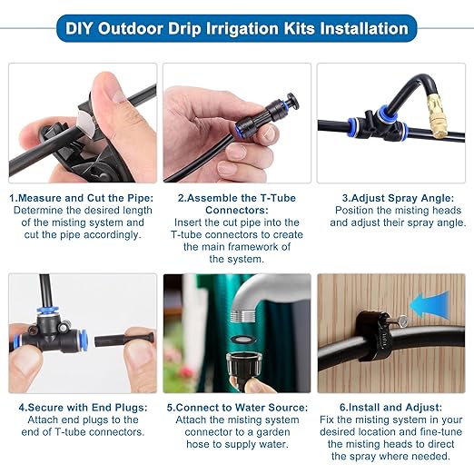 360° Adjustable Drip Irrigation System Garden Watering 5/16 Automatic Atomizing Sprinkler System with Hose Tubing Flexible Copper Nozzles Quick Connector Greenhouse Raisedbed Lawn (65ft + 20 Nozzles)