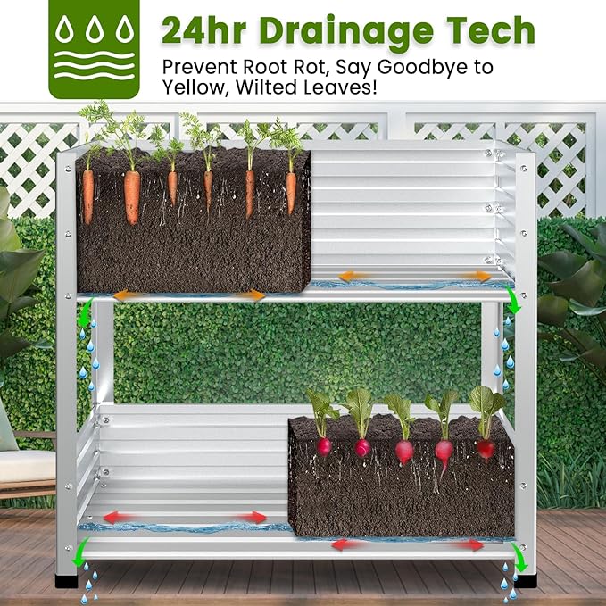 2-Tier Galvanized Raised Garden Bed with Legs 36x16x36 Metal Elevated Planter Box (12 Top/8 Bottom Depth) 500LB Capacity for Vegetables Herbs Leafy Greens Flowers on Patio Yard