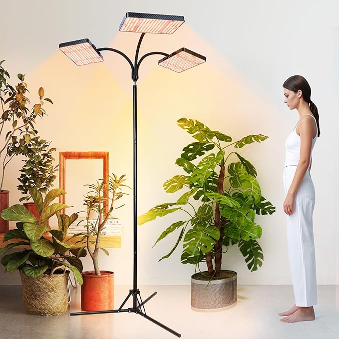 FECiDA 2026 3Head Grow Lights with Upgraded Stand Big Coverage Grow Lights for Indoor Large Plants Bonsai Tree 4/8/12/16/20 Hr Timer 75 Watt Power Draw NO Need Adapter 24-76 Height Adjustable