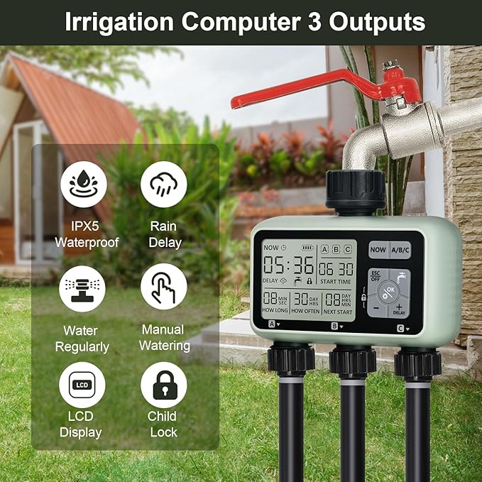 Watering Timer 3 Zone Sprinkler Timer Programmable Garden Outdoor Hose Faucet Timer with Rain Delay Auto &amp Manual Watering SystemWater Hose Irrigation Timers 3 Outlet for Garden