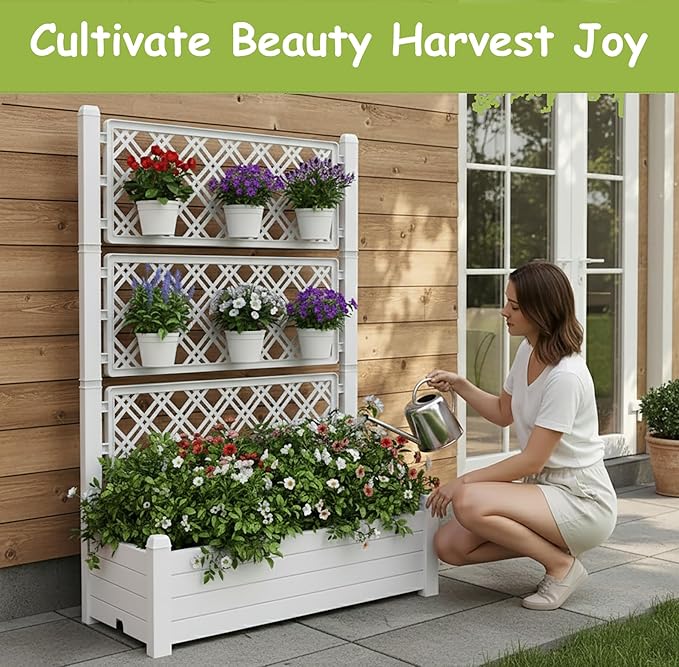 5.3' Tall Raised Garden Bed with Trellis Self Watering Planter Box for Outdoor Climbing Plants Resin Garden Lattice for Vegetables Flowers Tomato &amp Vine with Drainage Holes (Ashen 1 PC)