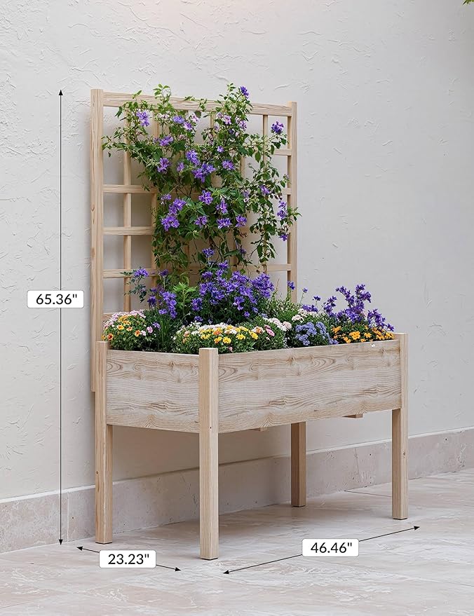 Raised Wooden Garden Bed with Trellis and Legs 65 Tall Elevated Planter Box with Liner Outdoor Patio Balcony Climbing Plants Flowers Vegetables Herbs