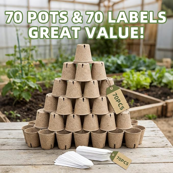 70Pcs Biodegradable 4” Peat Pots with 70Pcs Plant Labels Biodegradable Seed Starter Pots with Drainage Holes Nursery Pots for Seedlings Herbs Vegetables Flowers Gardening Kit