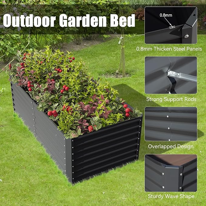 6x3x2ft Galvanized Raised Garden Bed – Large Metal Planter Box for Vegetables Fruits Flowers Rust-Resistant Outdoor Planter with Open Base Sturdy Support Rods Thickened Safety Edge Gray