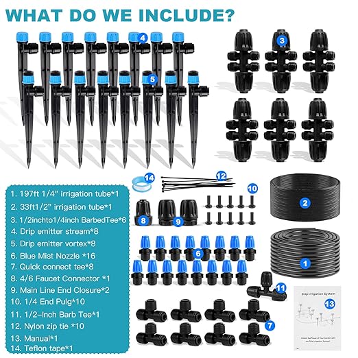 Garden Drip Irrigation System - 230FT Quick-Connect Automatic Watering Misting System Kit with 1/2 &amp 1/4 Tubing Adjustable Spray Nozzles &amp Sprinklers for Lawn Plant Bed Greenhouse DIY Ir