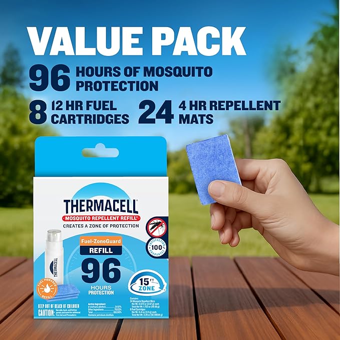 Thermacell Mosquito &amp Multi-Insect Repellent 96-Hour Refill Includes 8 Fuel Cartridges 24 Repellent Mats Compatible W/Fuel-Powered Thermacell Repellers Repels Mosquitoes Noseeums &amp Black