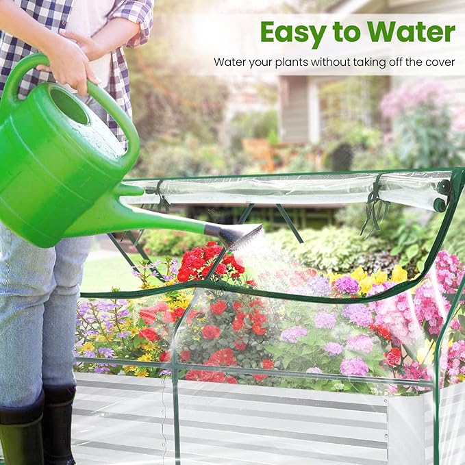 SEJOV 6x3x1ft Galvanized Raised Garden Bed with Cover &amp 2 Large Windows Mini Greenhouses for Outdoors Metal Planter Box Kit for Vegetables Flowers Herbs 1 Pair of Gloves Included Clear
