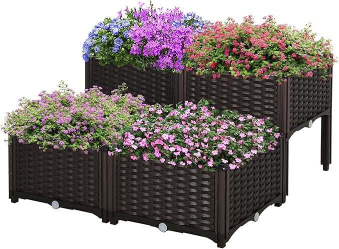 Self-Watering Elevated Garden Bed Set of 4 Smart Planter Box with Legs &amp Built-in Reservoir for Effortless Growing of Herbs Flowers &amp Vegetables Brown