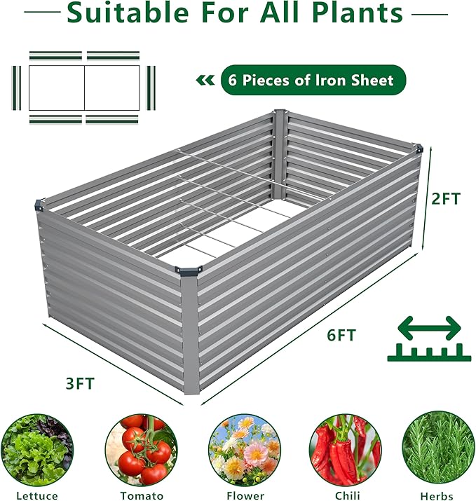 6x3x2FT Galvanized Raised Garden Bed KitVegetable Plant Boxes-Rectangle Metal Flower BoxLarge Planter Raised Beds Outdoor Garden for PlantingFruitHerb-Silver