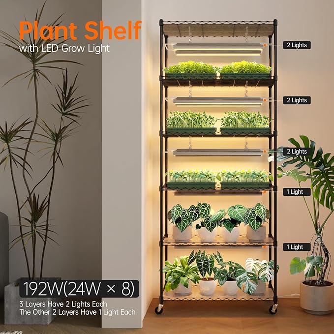 Bstrip DIY Plant Shelf with Grow Light Grow Light Shelf with Adjustable Rack and Wheels Plant Stand 8-Pack 192W T8 Full Spectrum Lamps ideal for Seed Starting Seed Tray 29.5L x 13.8W x70.9H
