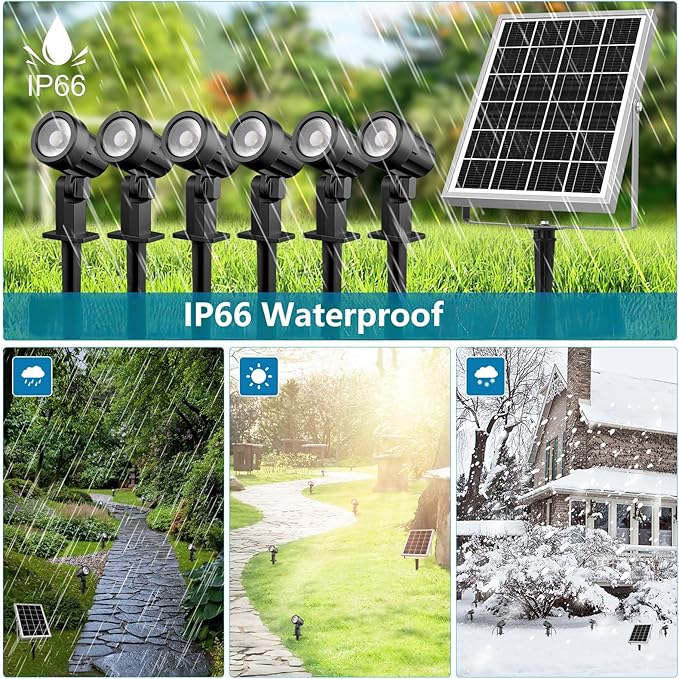 MEIHUA Solar Spot Lights Outdoor 6 in 1 Solar Landscape Spotlights 2700K Warm White 3 Lighting Modes &amp 3 Brightness IP66 Waterproof Spotlights Outdoor Garden for Pathway Driveway Yard Tree