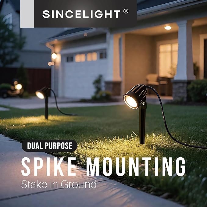 SINCELIGHT LED Spike Light 9W for Outdoors Spike/Wall/Ceiling Mount Adjustable Spotlight for Garden/Pathway/Patio/Landscape IP65 Waterproof Warm White 3000K Hardwired Pack of 2