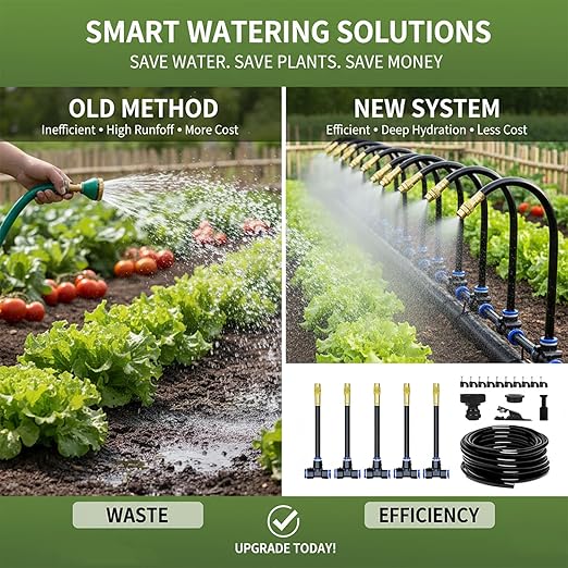 360° Adjustable Drip Irrigation System - 100FT Garden Watering System with 15 Nozzles Garden Irrigation System Greenhouse Accessories Atomizing System for Yard Lawn Plants 5/16 inch Hose