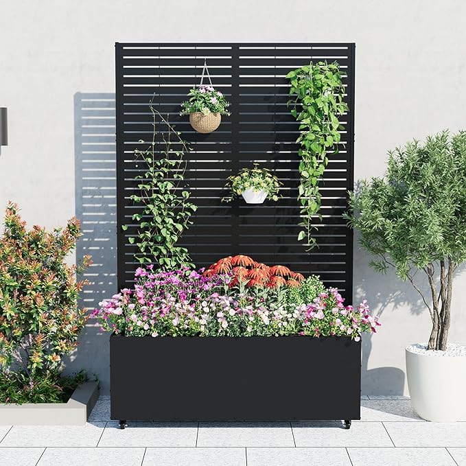 Mobile Metal Raised Garden Bed Planter Box with Trellis – Deep 15.7 for Climbing Plants &amp Vegetables – Privacy Screen Drainage Holes Outdoor Flower Box – 118x40x180cm Striped with Wheels