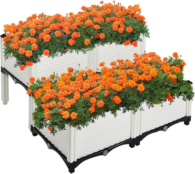 Giantex Raised Garden Bed Set of 4 Planter Raised Beds Kits with Drain Holes for Fruit Flowers Vegetables Outdoor Elevated Planting Box for Lawn Patio Balcony Easy Assembly Rattan-Like Look White