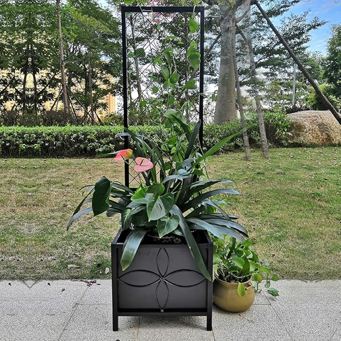 Zhongma 15.75 x 15.75 x 55 in Raised Garden Bed with TrellisHeavy Duty Plant Box for Climbing Plants with Drainage Hole Metal Lattice Planter Gardon Box with Inner Fabric Liners.