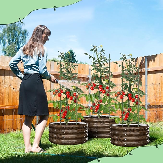 DoCred 3 Pack 2x2x1Ft Round Galvanized Raised Garden Bed Metal Garden Bed Outdoor with Tomato Cages for Gardening Above Ground Planter Box for Plants Vegetables Herbs Flowers Wood Grain