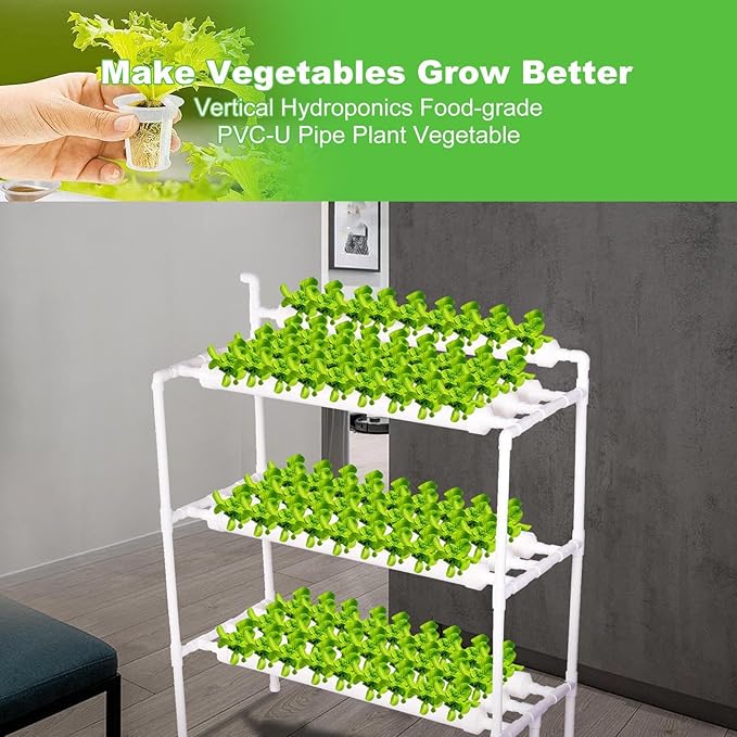 Hydroponics Growing System 108 Pods | 3 Layers 10 Food-Grade PVC-U Pipes | Indoor Gardening System with Water Pump &amp Timer | Nest Basket and Sponge for Leafy Vegetables